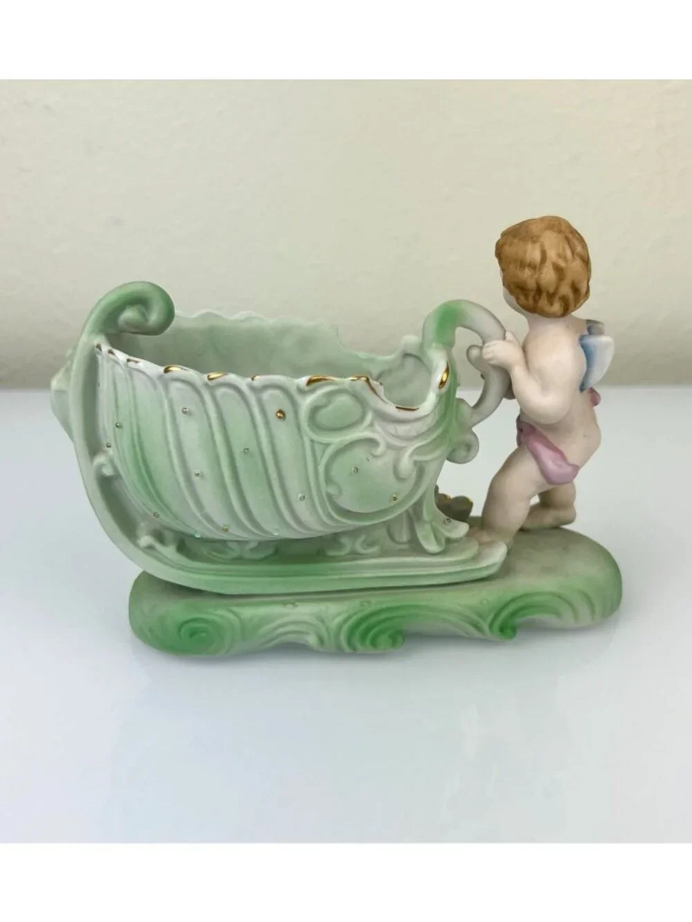 Occupied Japan Andrea Sadek Bisque Cherub Angel Sleigh Planter VTG Gift 1940s